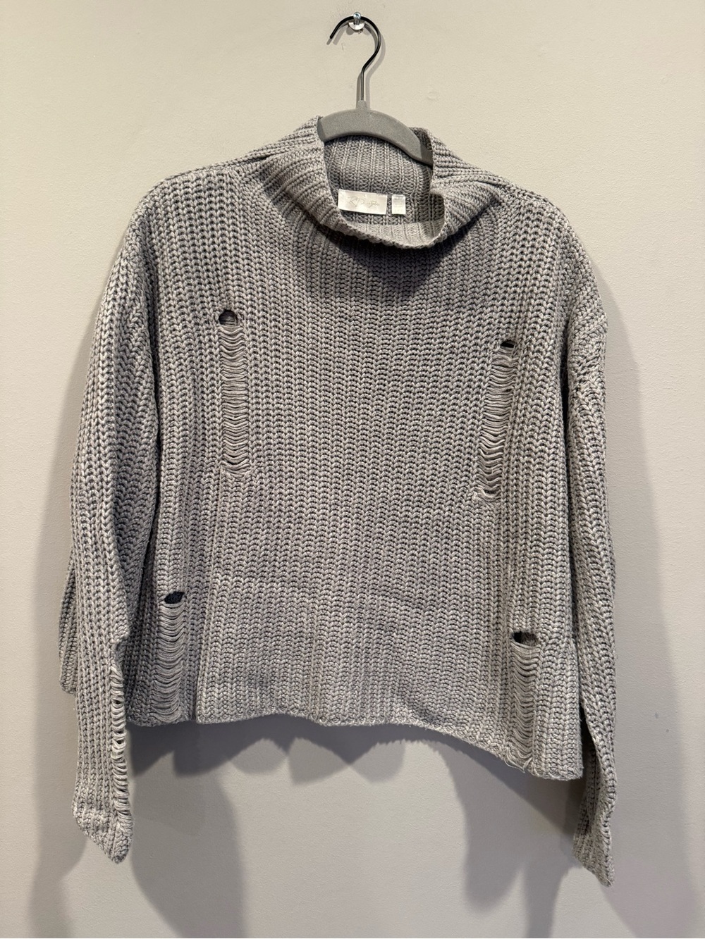 RD Style Anthropologie Distressed Mock Neck Knit Sweater - Gray